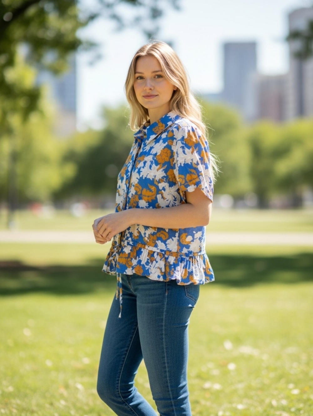 STINE GOYA Blue and Orange Floral Blouse